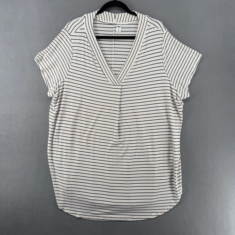 Old Navy Short Sleeve Synthetic V Neck Jersey Knit Shirt‎ XXL Black White Stripe